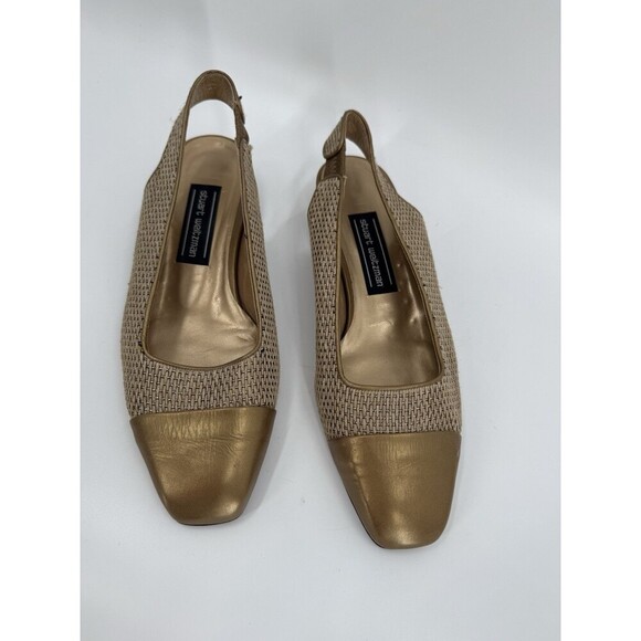 Vintage Stuart Weitzman Gold Shimmer Basket Weave Square Toe Heels Pumps Size 7 - Picture 3 of 12